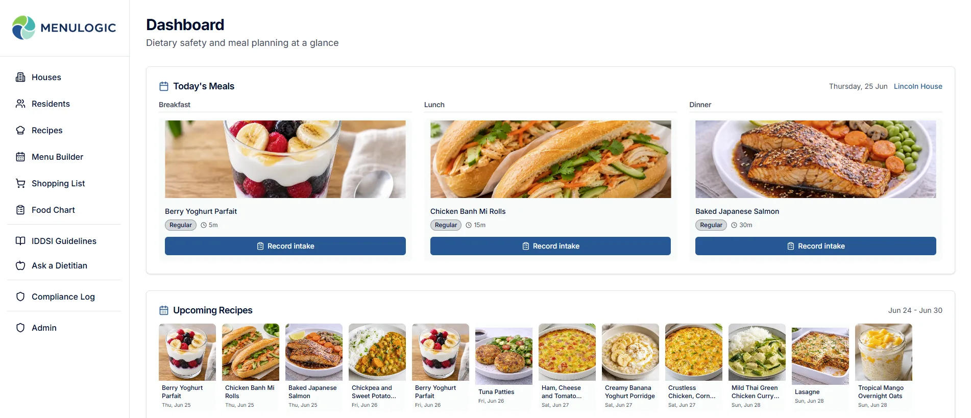 MenuLogic dashboard showing today's meals with dietary safety status per resident